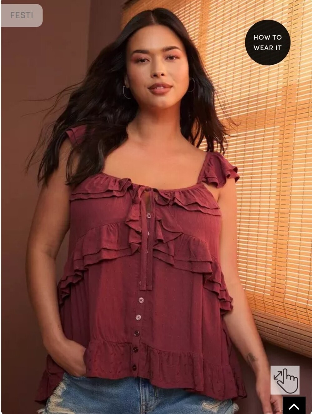 Torrid FESTI Boho Ruffle Swiss Dot Tiered Camisole Tank Top Burgundy Size 14/16